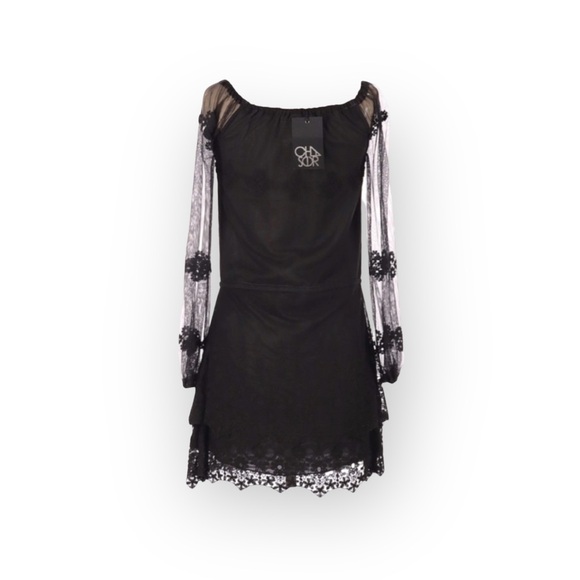 new Chaser ✶ Vintage Inspired Mesh + Lace Off Shouder Mini Dress ✶ Black XS ✶ - Picture 3 of 16